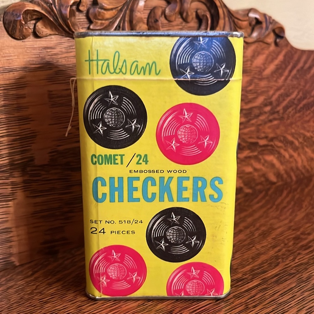 Vtg HALSAM “Unopened” Cardboard/Tin Box Black Red Embossed Wood COMET
CHECKERS
